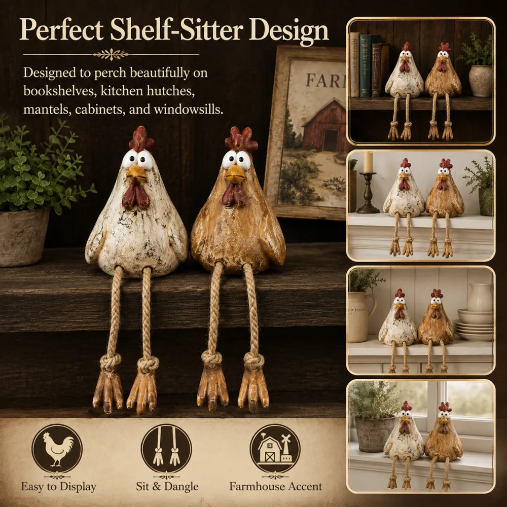 Cream and brown chicken figurines adding farmhouse character to a room