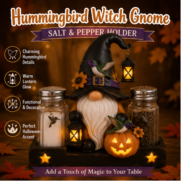 🎃 Glowing Halloween Gnome Salt & Pepper Holder Set – Includes 2 Glass Shakers
