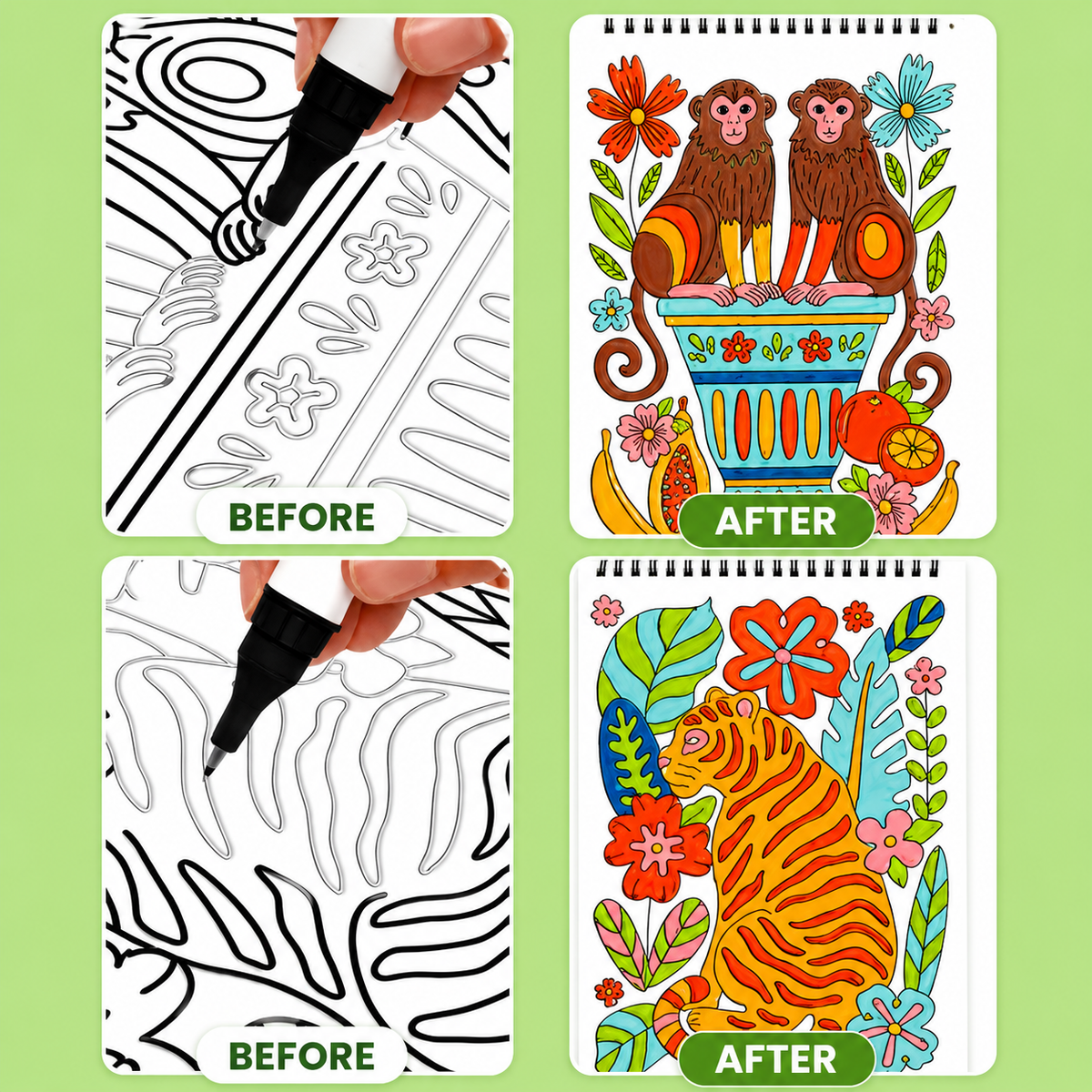 Before and after examples of guided groove tracing and coloring