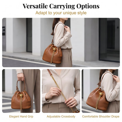🍂Genuine Leather Bucket Bag 👜 Shoulder Bag with Chain Strap for Women