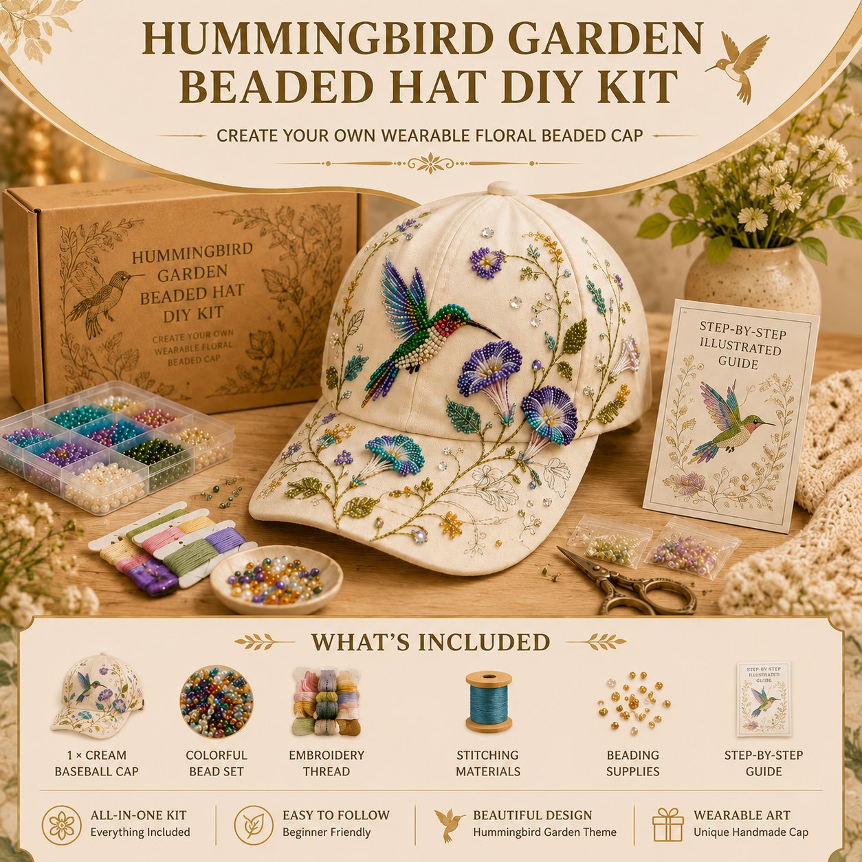 🧢🌸 Premium Hummingbird Garden Beaded Hat DIY Kit | Luxury Flocked Canvas with Scratch-Resistant Non-Fading Pearl Beads DIY Handmade Floral Cap Decor 🌿🪡✨