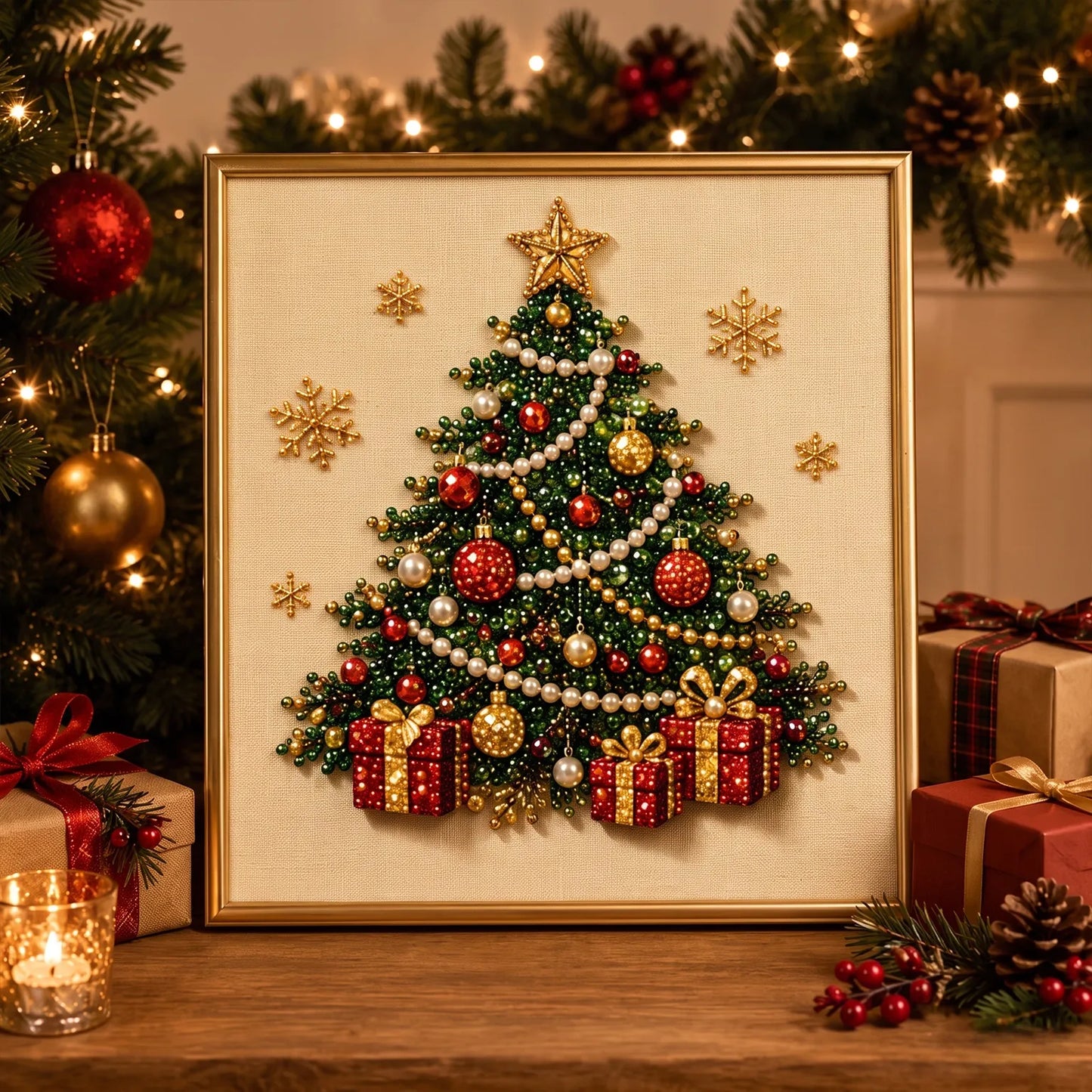 🎄 Premium 3D Pearl Christmas Diamond Painting Art Kit | Luxury Flocked Canvas with Scratch-Resistant Non-Fading Pearl Beads DIY Holiday Decor 🎅⛄️❄️