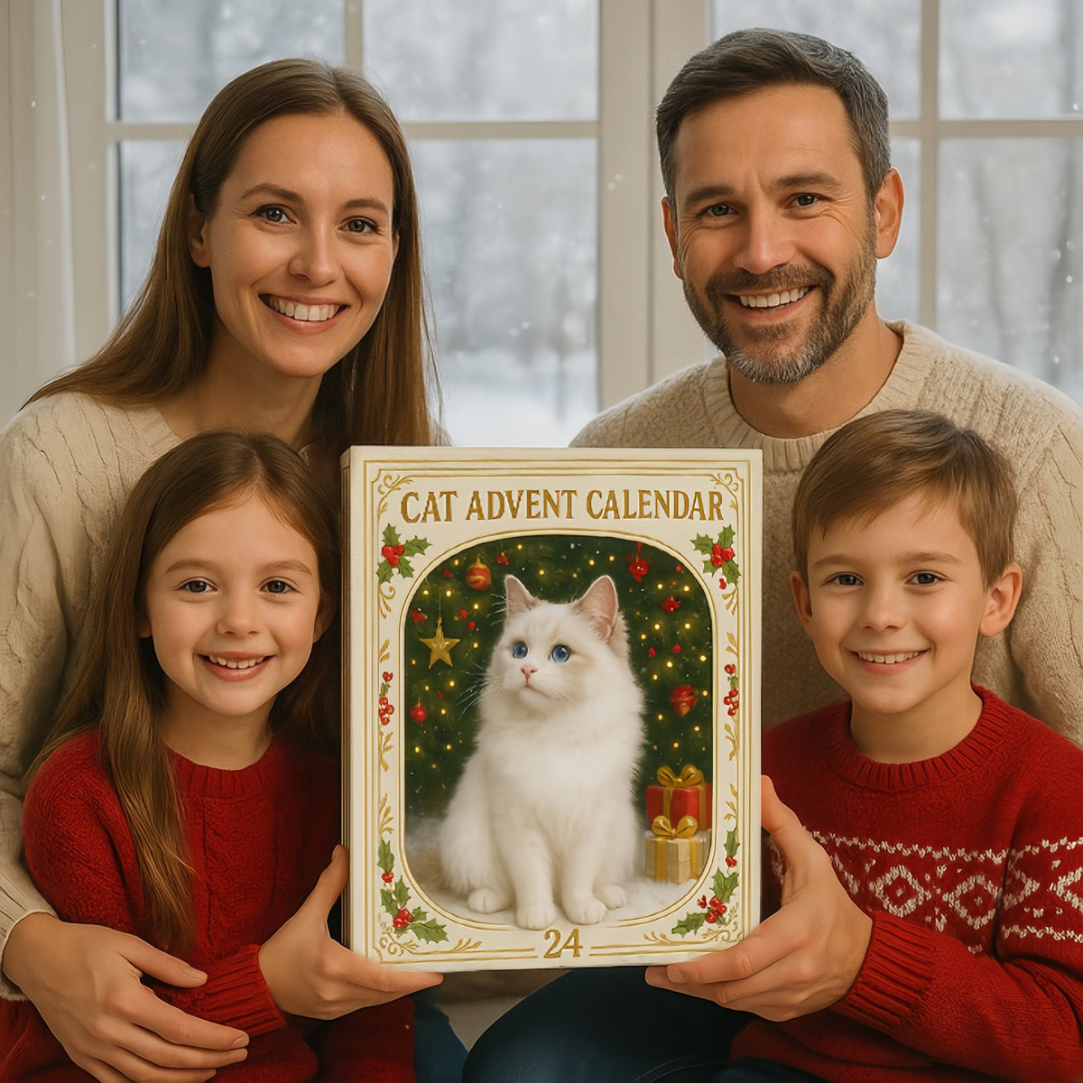 Family giving the Cat Advent Calendar as a Christmas gift