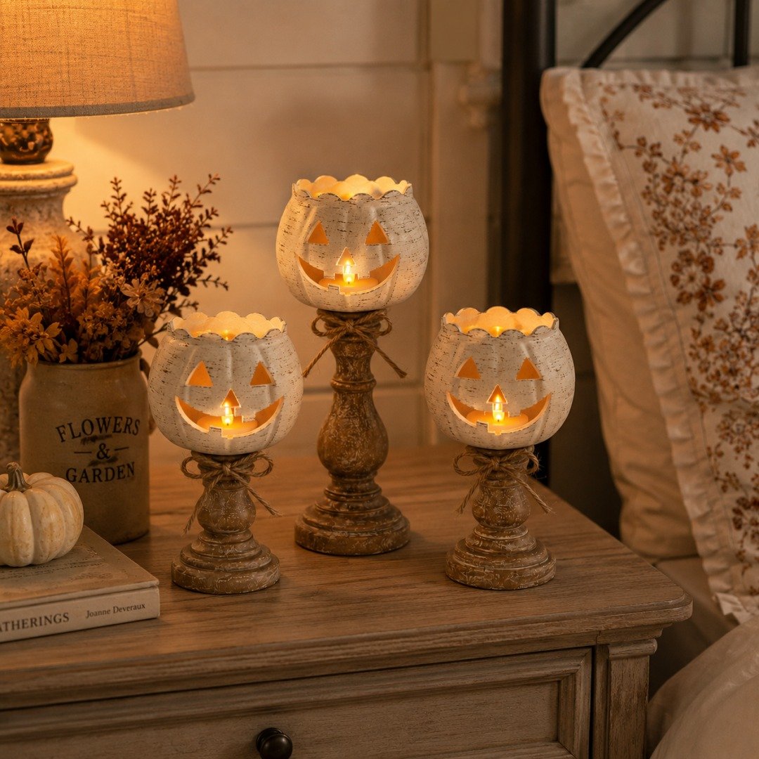 🎉Rustic White Pumpkin Tealight Candle Holder Set of 3