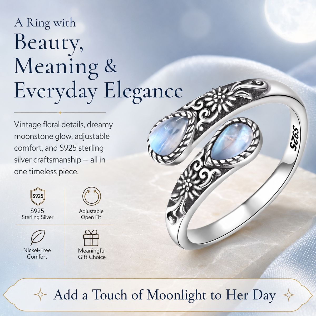 💎Vintage Moonstone Bloom Ring – Romantic Design • Adjustable Size • Timeless Style