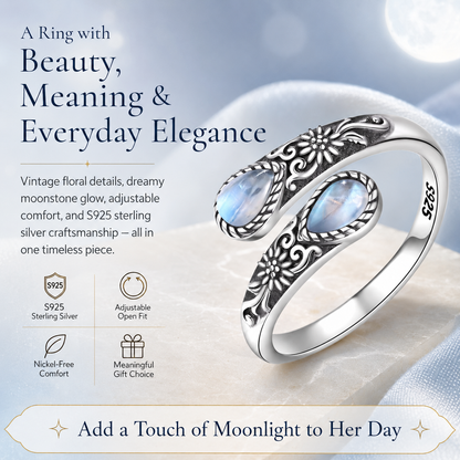 💎Vintage Moonstone Bloom Ring – Romantic Design • Adjustable Size • Timeless Style