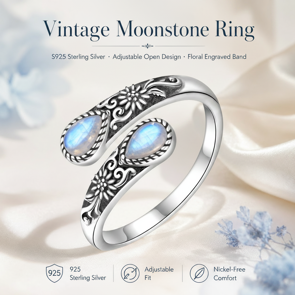 💎Vintage Moonstone Bloom Ring – Romantic Design • Adjustable Size • Timeless Style