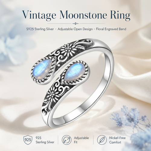 💎Vintage Moonstone Bloom Ring – Romantic Design • Adjustable Size • Timeless Style