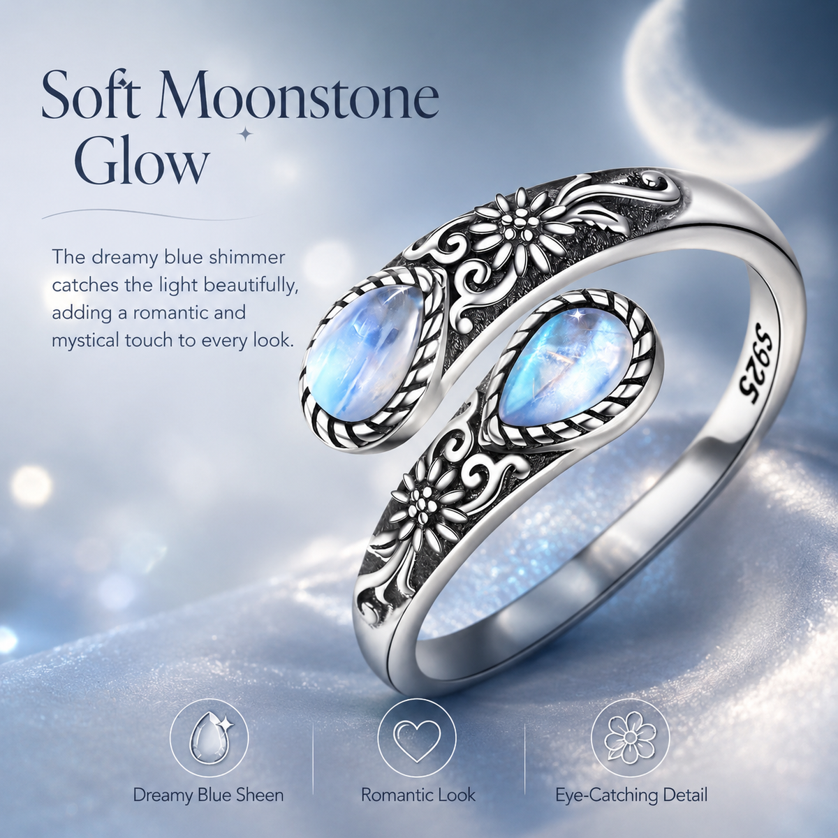 💎Vintage Moonstone Bloom Ring – Romantic Design • Adjustable Size • Timeless Style