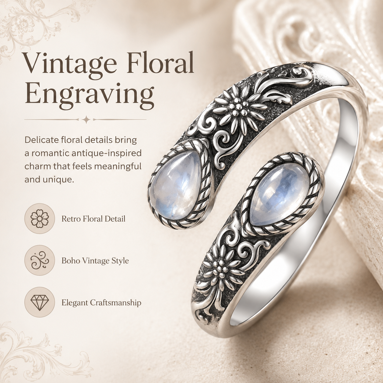 🔥Last Day 50% OFF🌙Moonstone Bloom Ring | Vintage Style • Adjustable Fit • Timeless Elegance