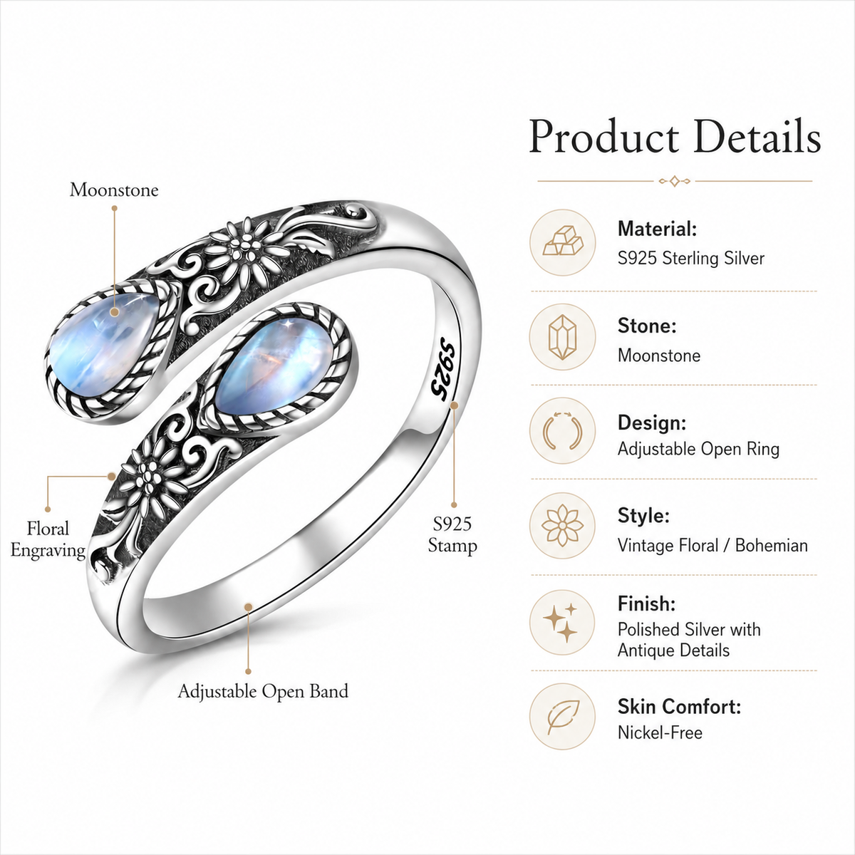 💎Vintage Moonstone Bloom Ring – Romantic Design • Adjustable Size • Timeless Style