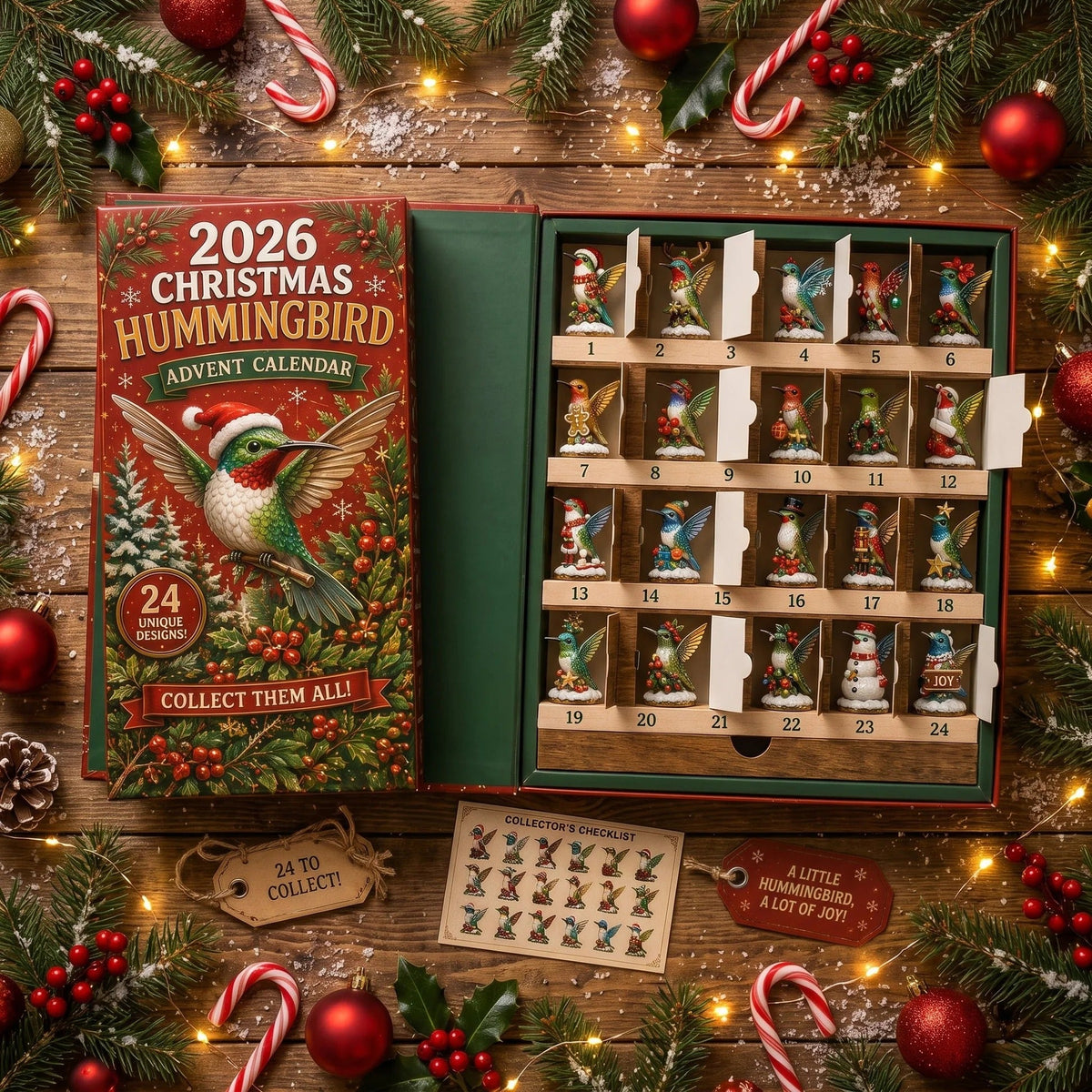 The complete set of 24 Christmas hummingbird figurines
