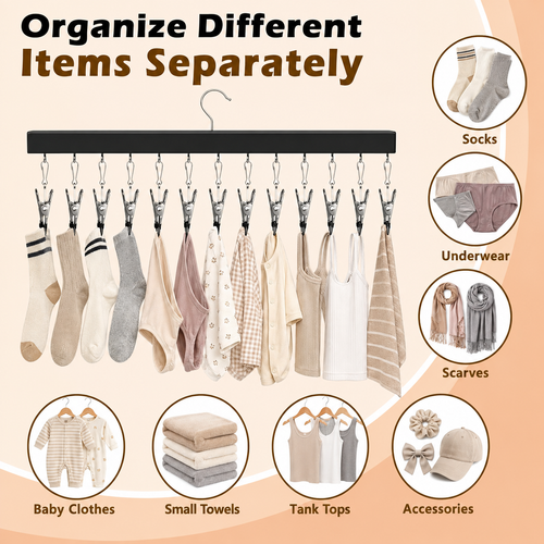 🔥HOT SALE NOW!  Wooden Clothing Organizer Hanger with 12 Stainless Steel Clips