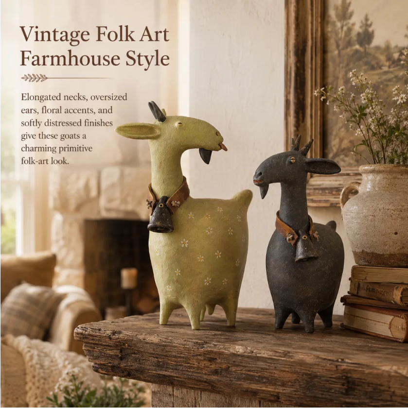 🏡 Rustic Goat Figurines Set of 2 – Vintage Farmhouse Home Decor