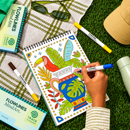 Trace-By-Groove Guided Flow Art Coloring Pad with Double-Sided Markers