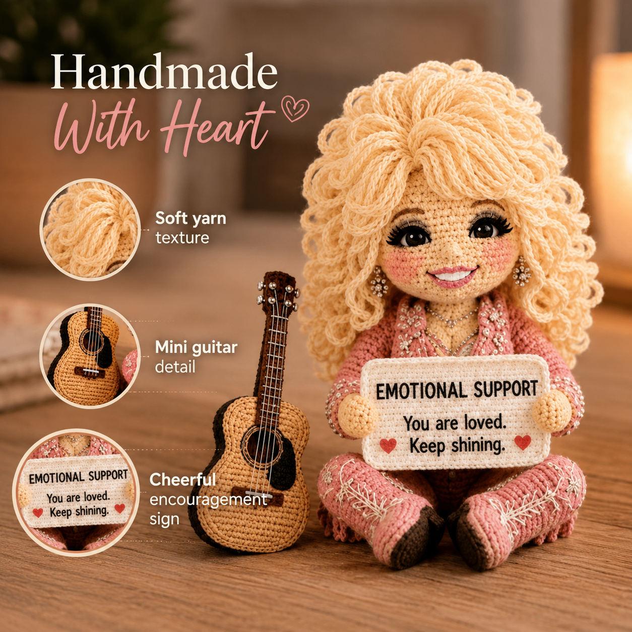Crochet texture, mini guitar and encouragement sign details