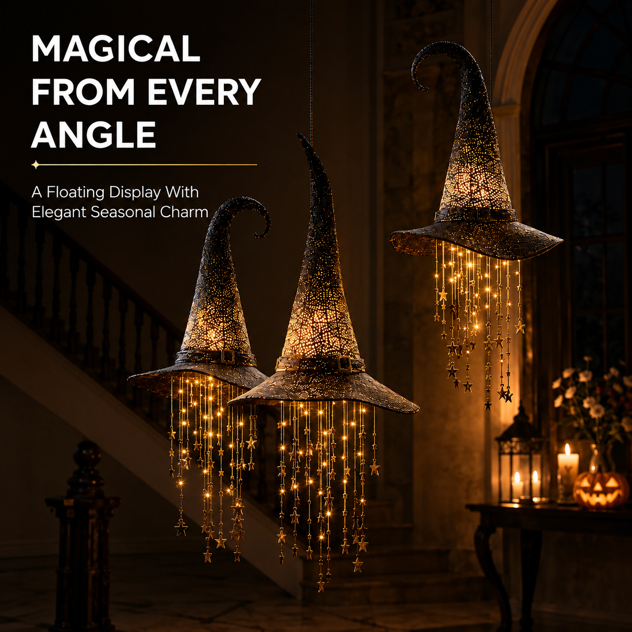 🧙‍♀️✨ Lighted Witch Hat Hanging Chime with Remote | Battery-Powered Starry Halloween Door & Porch Décor
