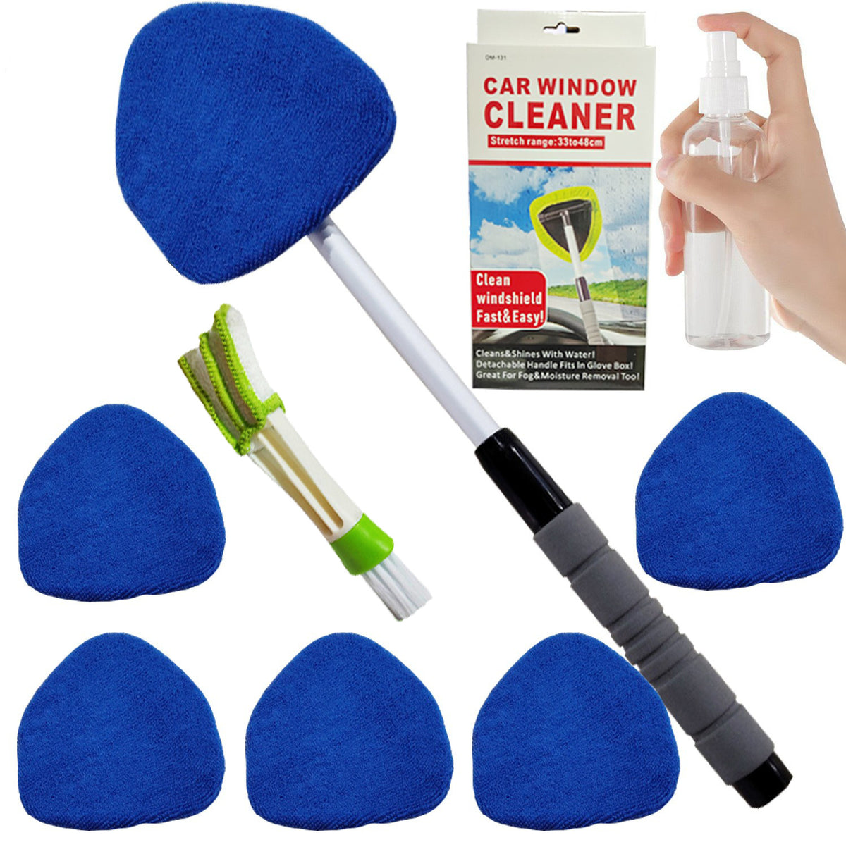 Windshield Cleaning Tool, Microfiber Car Window Cleaner with 4 Reusable and Washable Microfiber Pads and Extendable Handle
