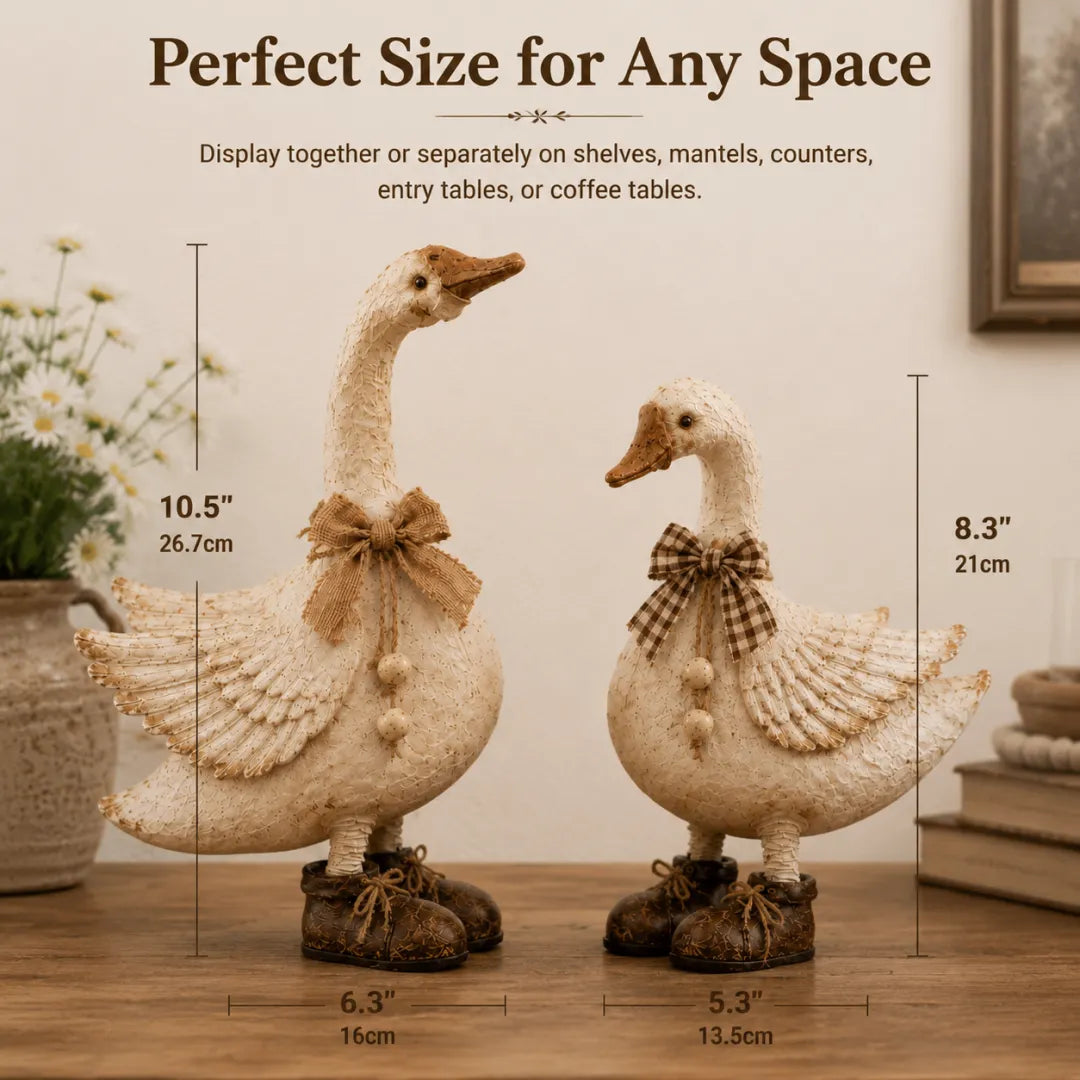 Cottage goose figurines displayed near a bright window