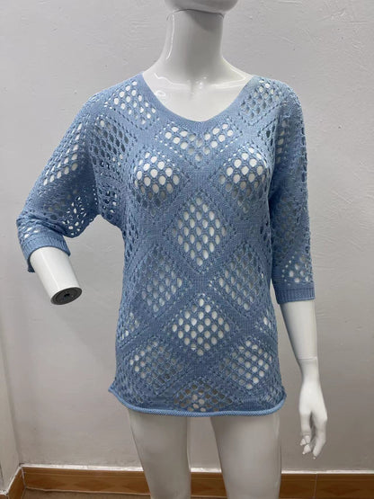 Women's Bohemian-Inspired Beige Crochet Top with V-Neck
