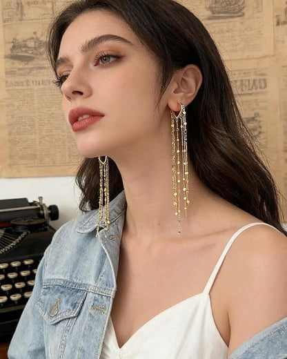 🎉✨14K Gold Plated Long Tassel Earrings for Women