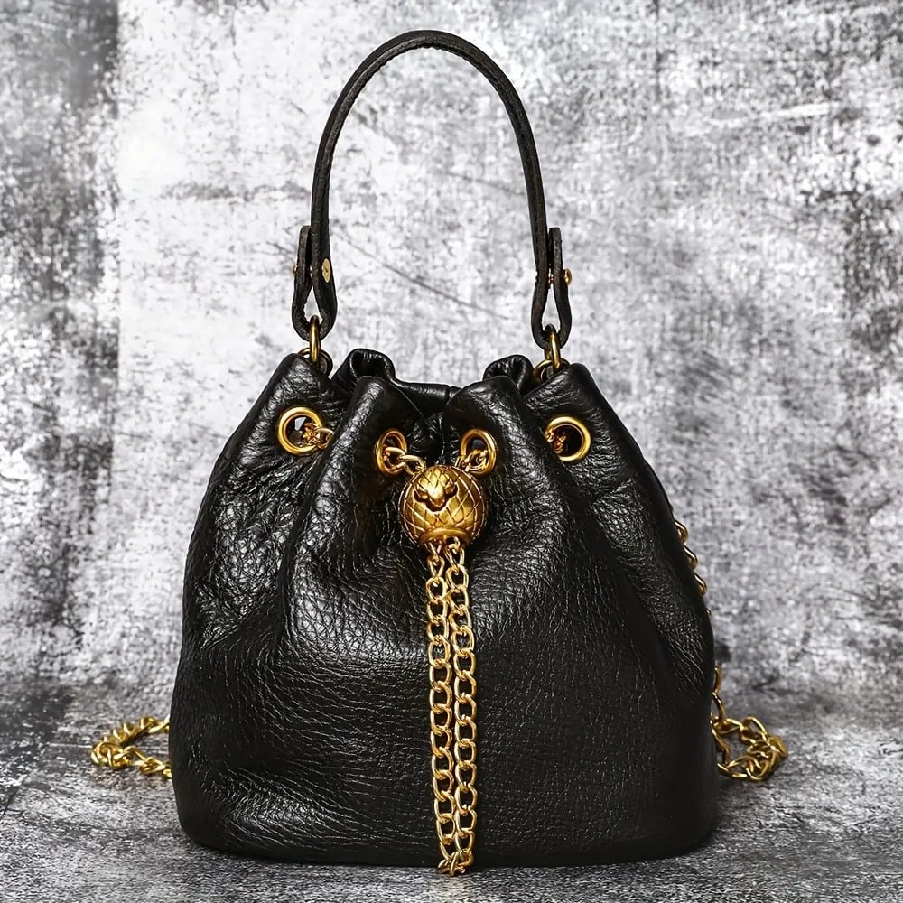 🍂Genuine Leather Bucket Bag 👜 Shoulder Bag with Chain Strap for Women