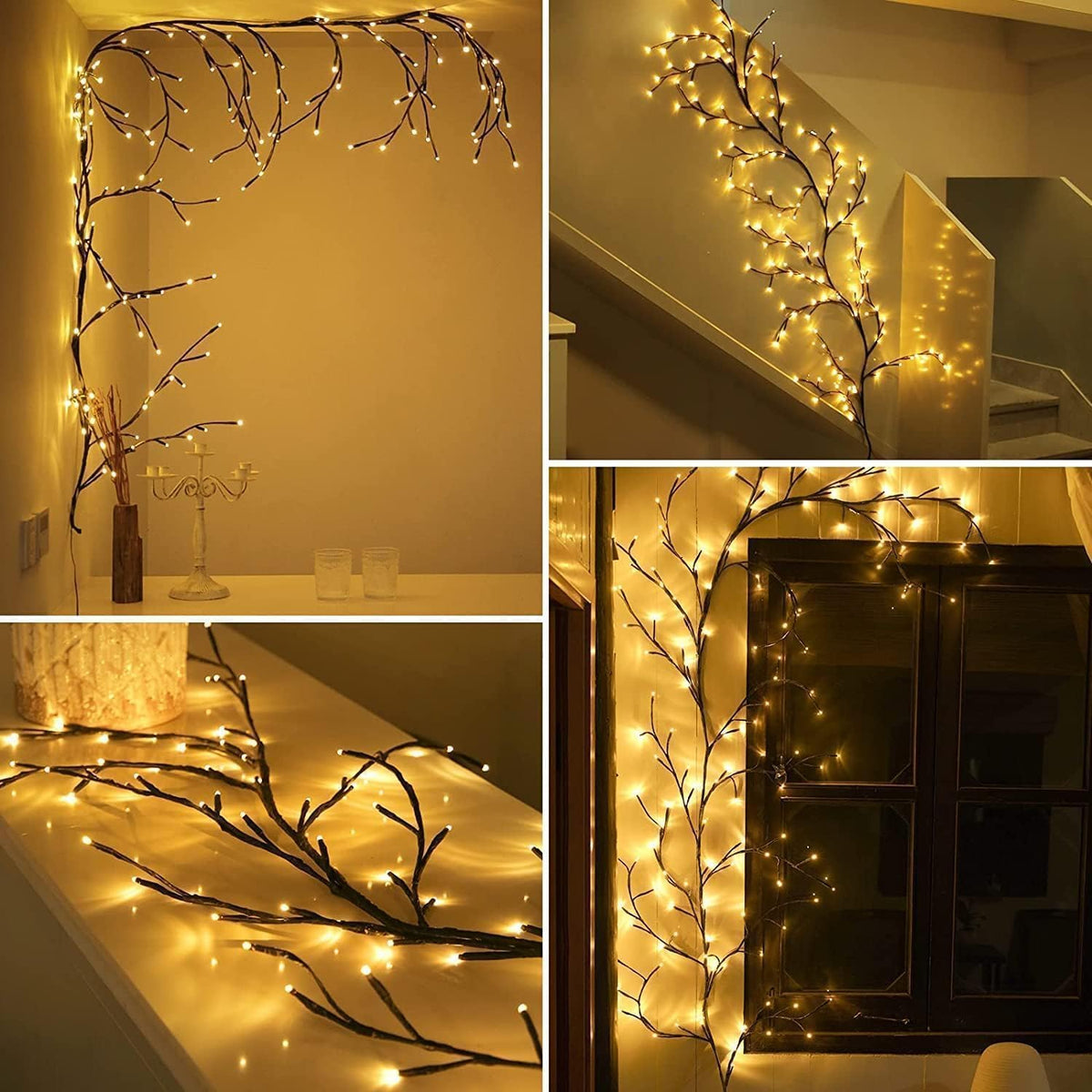 Decorative lighting setup with illuminated branches in various indoor settings.