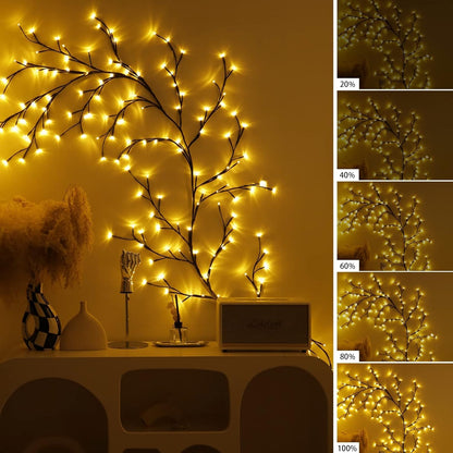 Decorative LED branch with lights on a wall, showing different percentages of light intensity.