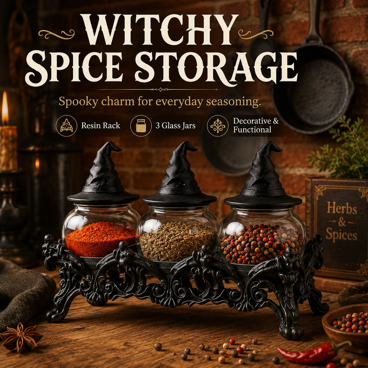 Witch-Hat Gothic Spice Jar Set — Ornate Resin Rack + 3 Glass Jars