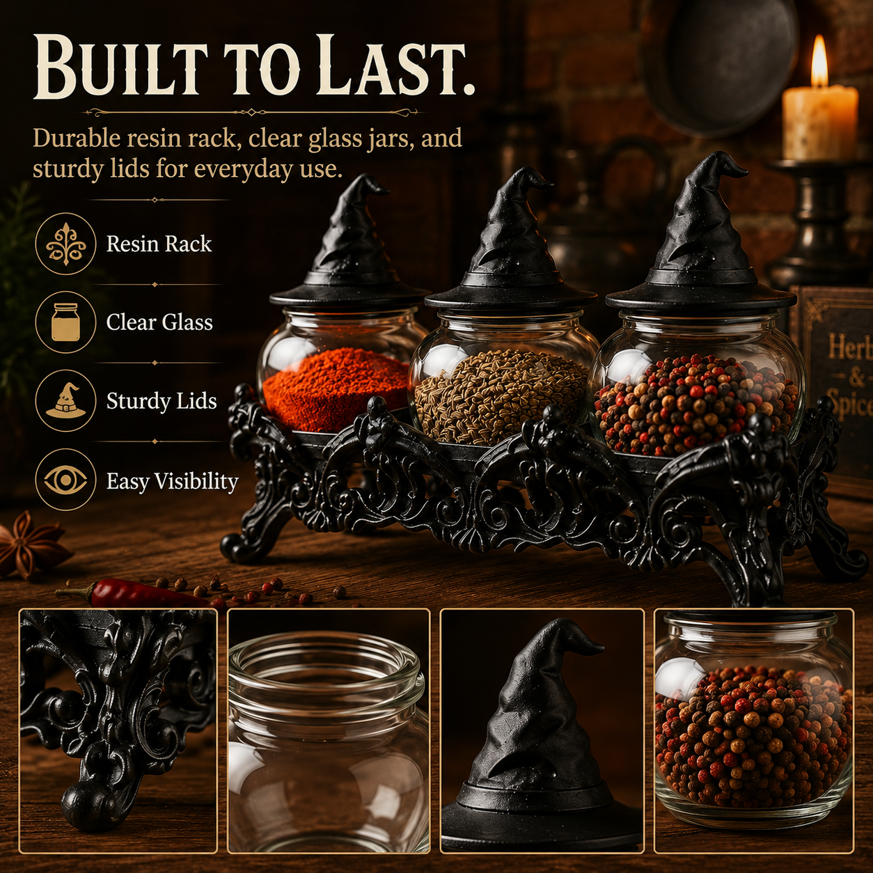 Witch-Hat Gothic Spice Jar Set — Ornate Resin Rack + 3 Glass Jars
