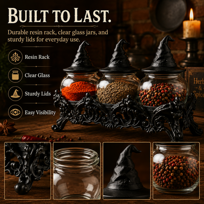Witch-Hat Gothic Spice Jar Set — Ornate Resin Rack + 3 Glass Jars
