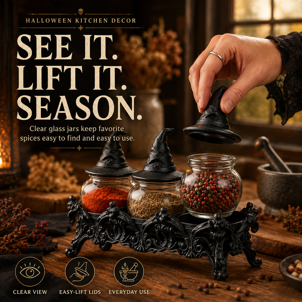 Witch-Hat Gothic Spice Jar Set — Ornate Resin Rack + 3 Glass Jars