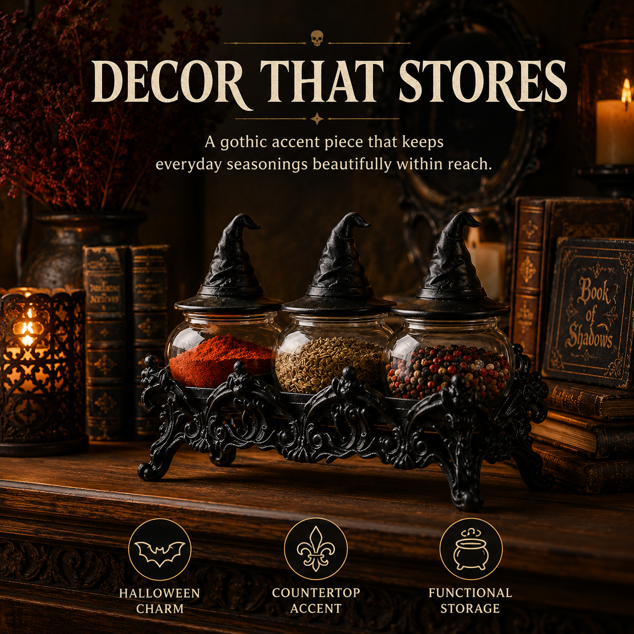 Witch-Hat Gothic Spice Jar Set — Ornate Resin Rack + 3 Glass Jars