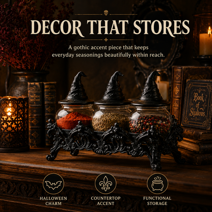 Witch-Hat Gothic Spice Jar Set — Ornate Resin Rack + 3 Glass Jars