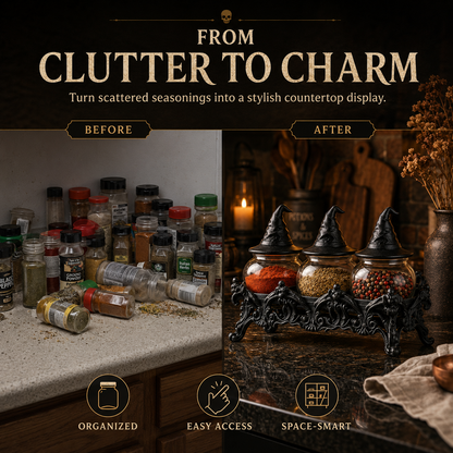 Witch-Hat Gothic Spice Jar Set — Ornate Resin Rack + 3 Glass Jars