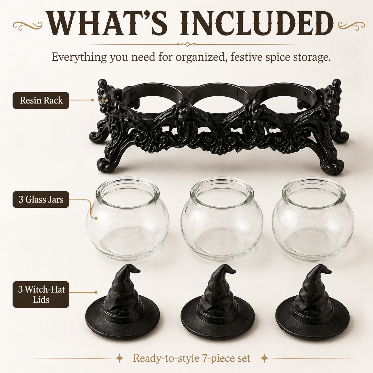 Witch-Hat Gothic Spice Jar Set — Ornate Resin Rack + 3 Glass Jars
