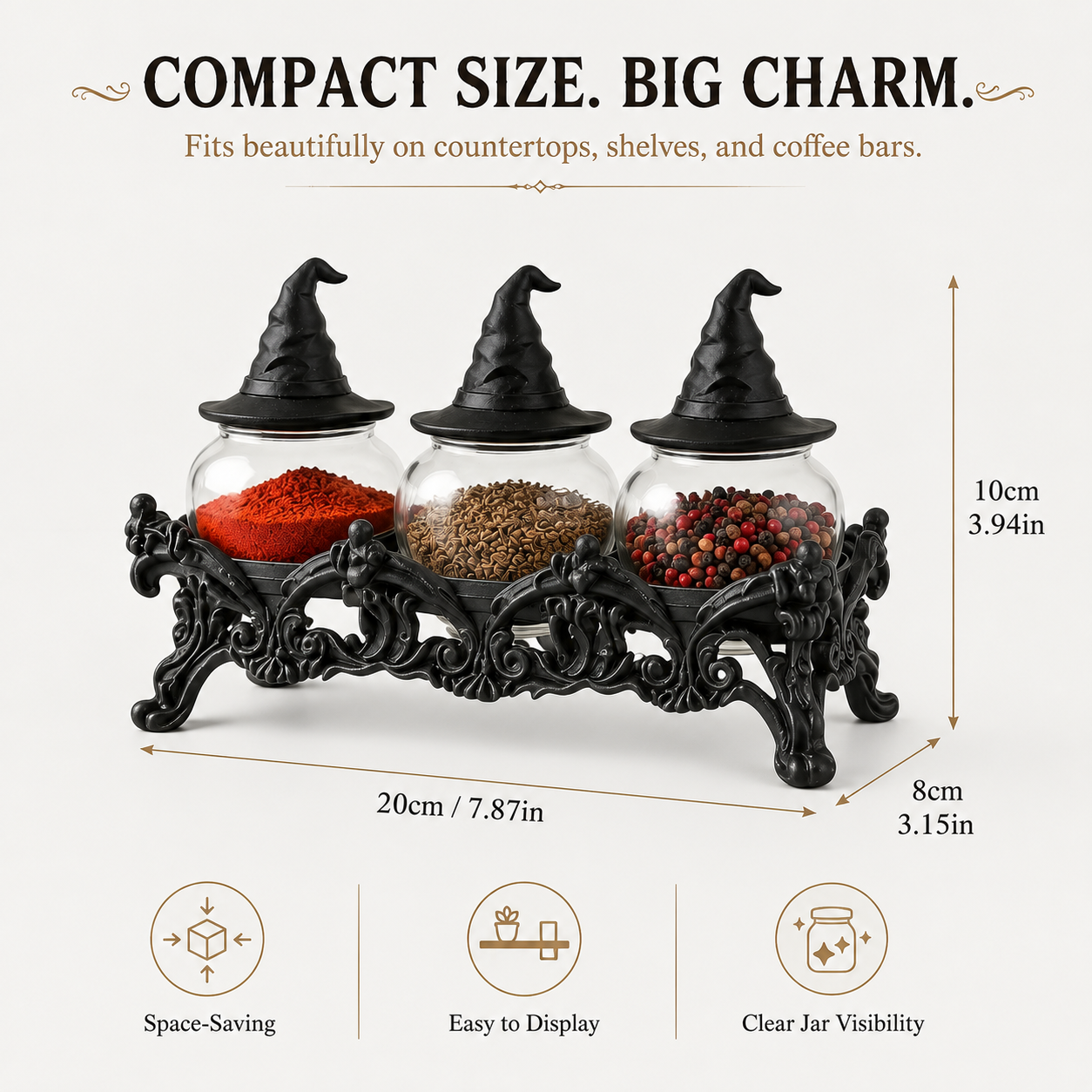 Witch-Hat Gothic Spice Jar Set — Ornate Resin Rack + 3 Glass Jars