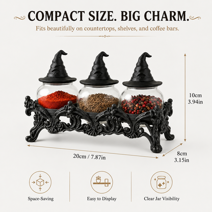 Witch-Hat Gothic Spice Jar Set — Ornate Resin Rack + 3 Glass Jars
