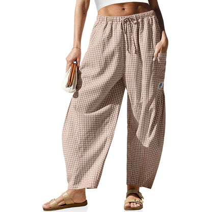 [SS26 Collection]TARSE Womens Wide Leg Gingham Striped Plaid Pants Casual Barrel Loose Drawstring Low Waist Palazzo Harem Pants with Pockets