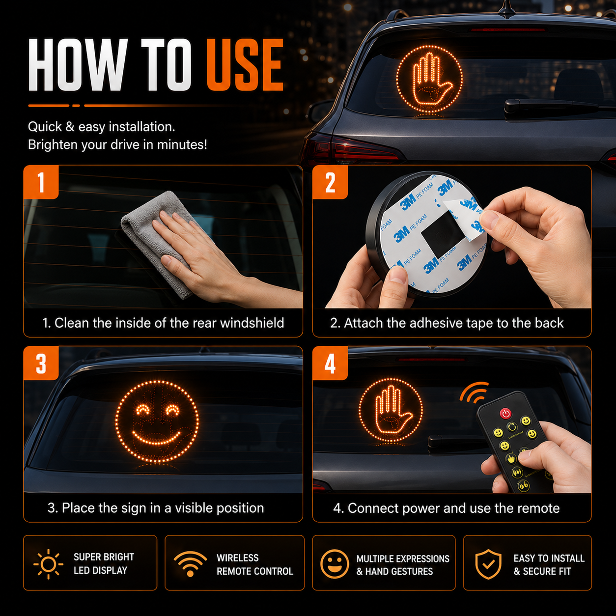 👋✨ Show Your Mood on the Road – Wireless LED Car Gesture Sign 🚗