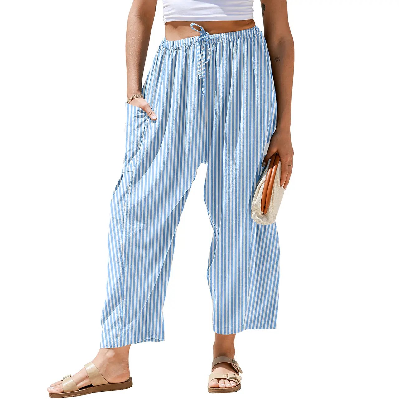 [SS26 Collection]TARSE Womens Wide Leg Gingham Striped Plaid Pants Casual Barrel Loose Drawstring Low Waist Palazzo Harem Pants with Pockets