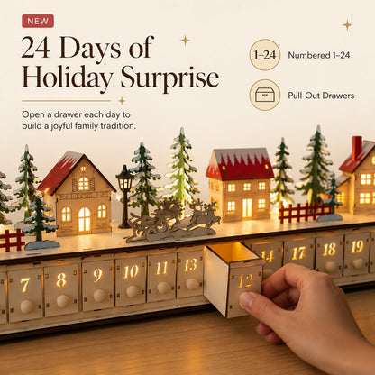 🎄🎅🎁 Christmas Magic ✨❄️ Lighted Wooden Christmas Advent Calendar 🔔 24 Drawers for Festive Holiday Countdown