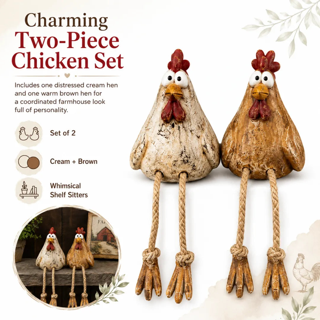 Chicken shelf sitters displayed together on a farmhouse shelf