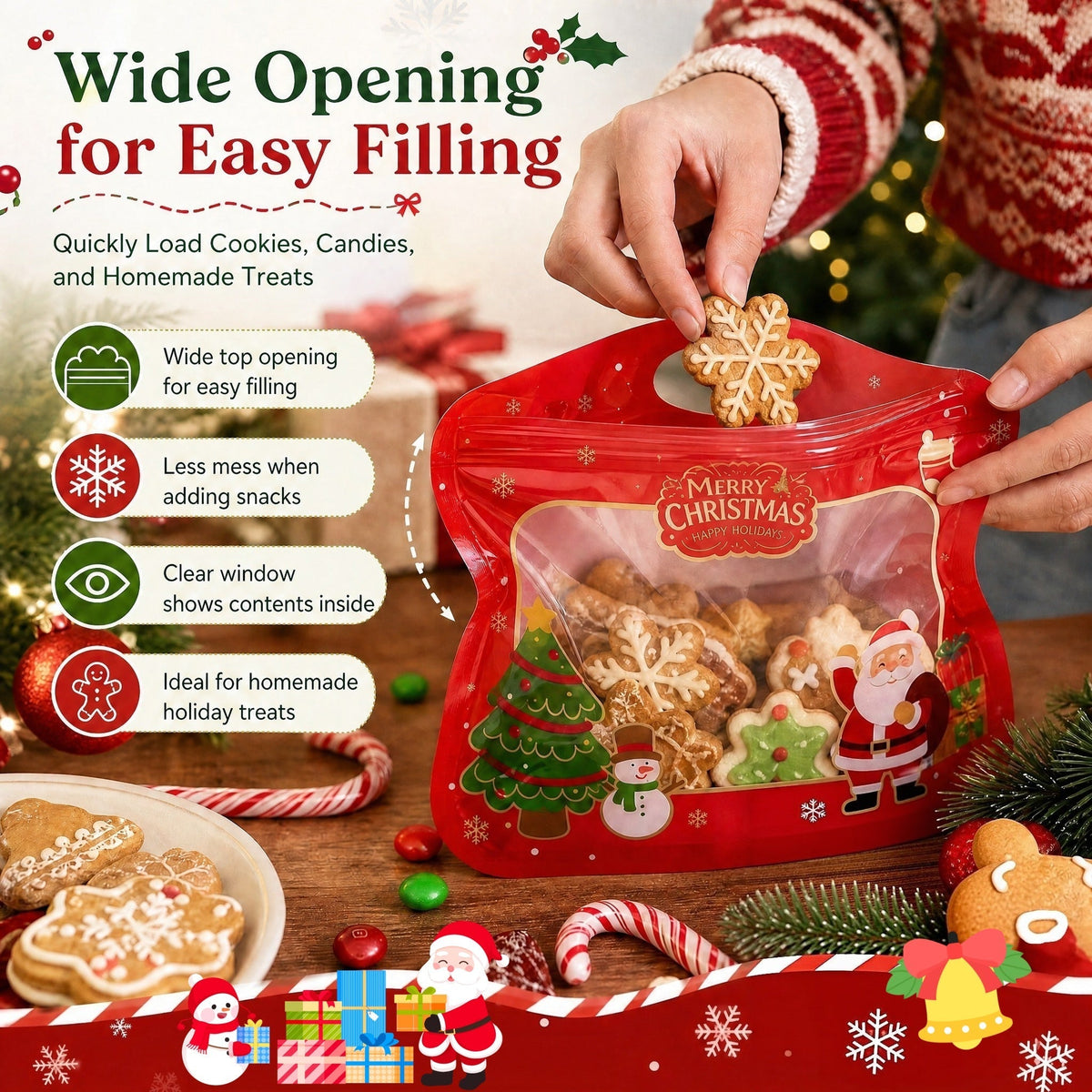 🎁Easy Fill, Easy Seal🎄 Festive Self-Seal Treat Bags – Santa & Snowman Print | Resealable, Food-Safe & Perfect for Cookies, Chocolates & Little Gifts⛄