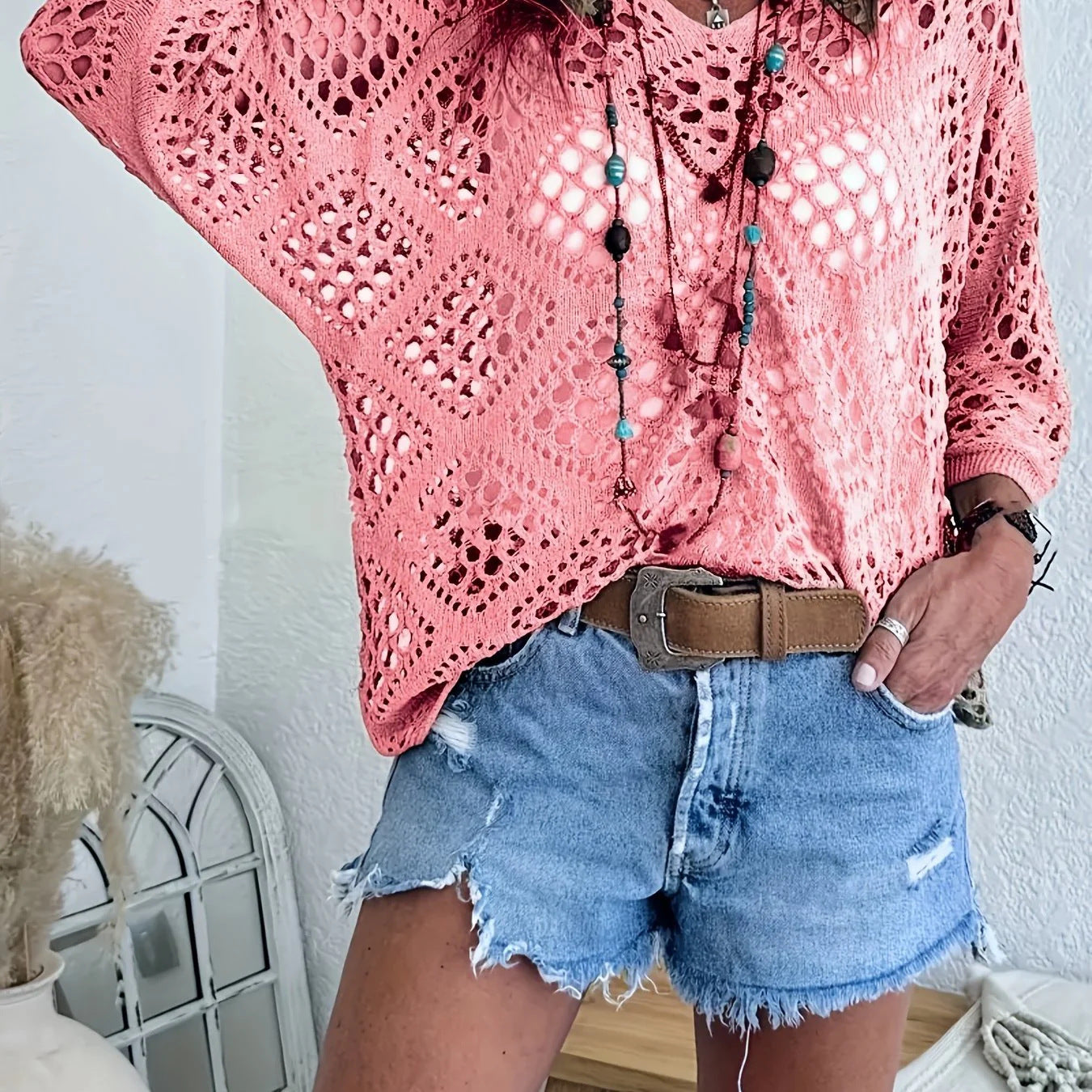 Women's Bohemian-Inspired Beige Crochet Top with V-Neck