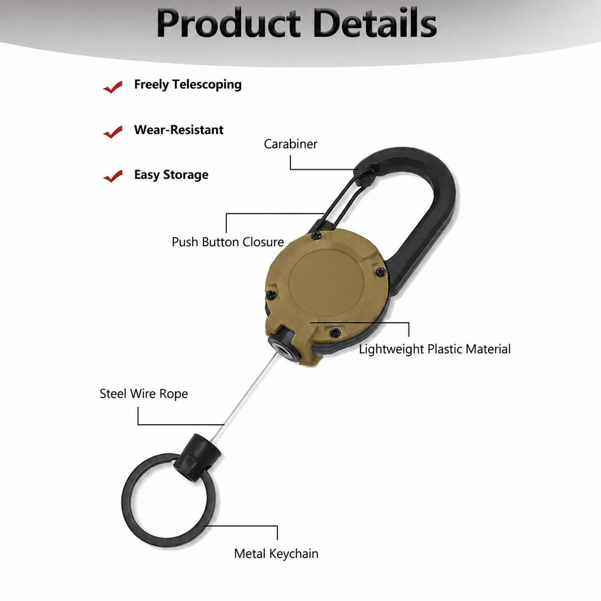 🔑Retractable Carabiner Keychain – 65cm steel lanyard, 100,000 pull cycles. Lightweight & sturdy.
