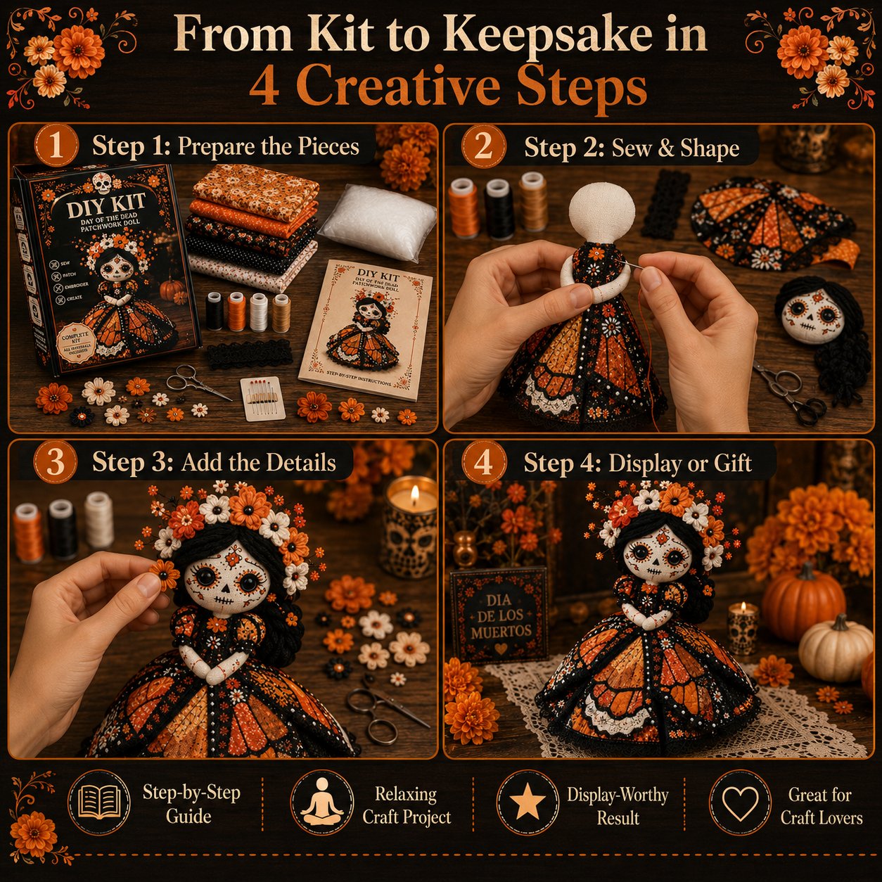 🔥 LAST DAY 50% OFF – Day of the Dead Patchwork Doll DIY Kit | Handmade Fabric Craft with Floral Details