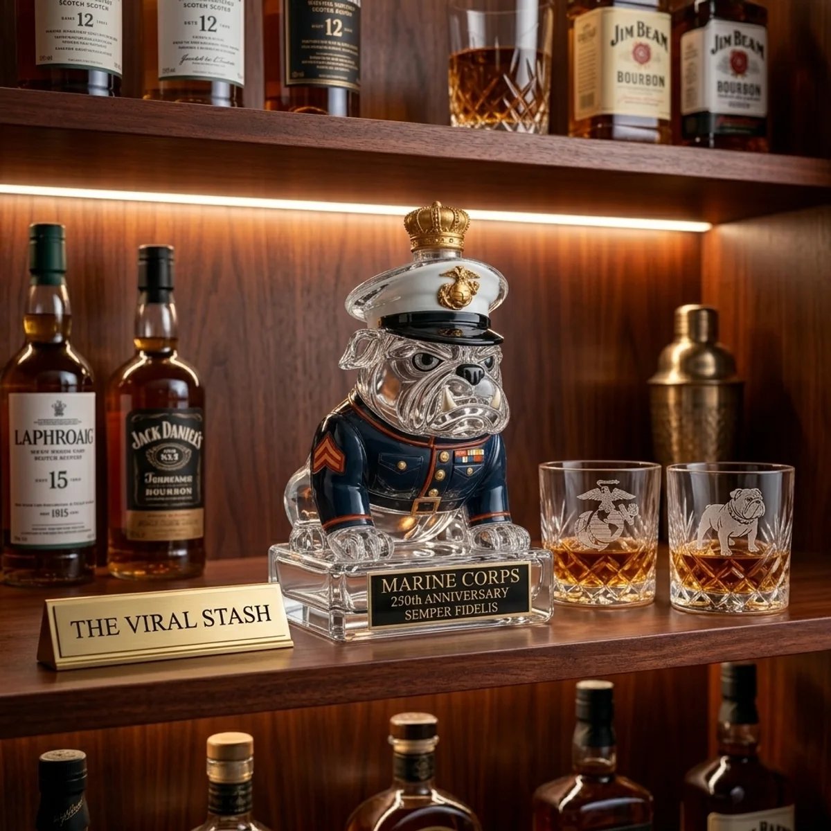 🔥 250 Years of Honor – Marine Devil Dog Commemorative Whiskey Decanter 🐶🎖️