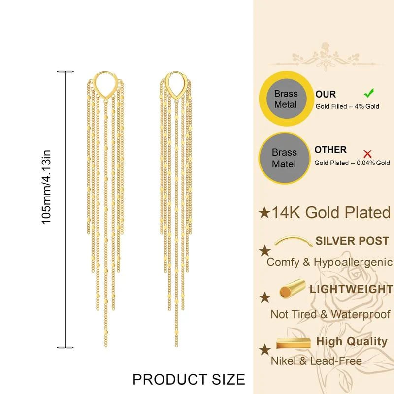 🎉✨14K Gold Plated Long Tassel Earrings for Women