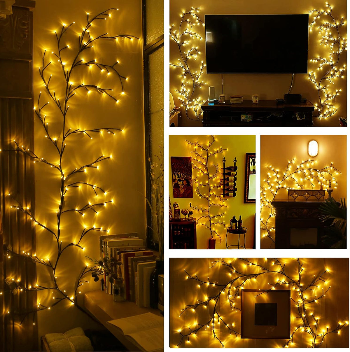 Collage of LED string lights in various settings including a wall, TV area, and room corners.